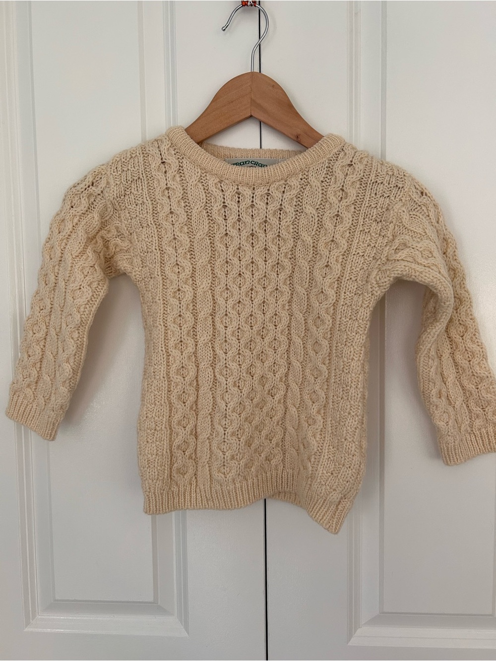 Aran Crafts pure new wool Ireland cable knit sweater ivory kids 5-6 Irish knit